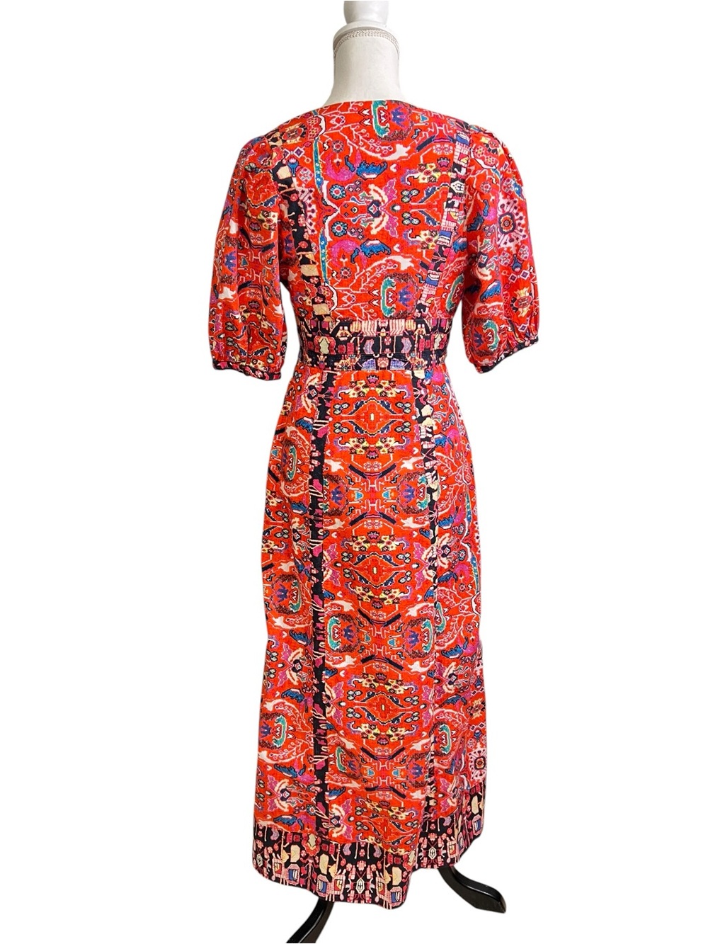 Anthropologie Midi Dress Cotton Patchwork Paisley Tile Print Puff Sleeve Size 4 - Picture 4 of 8